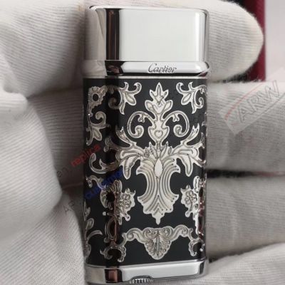 Copy Cartier Black & Silver Lighter With Printed Flower  